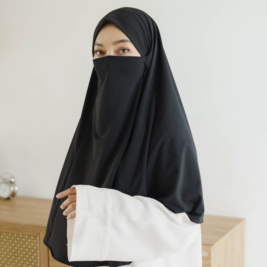 Aisha French Khimar Syari Instan Jersey Hitam - Demar Hijab